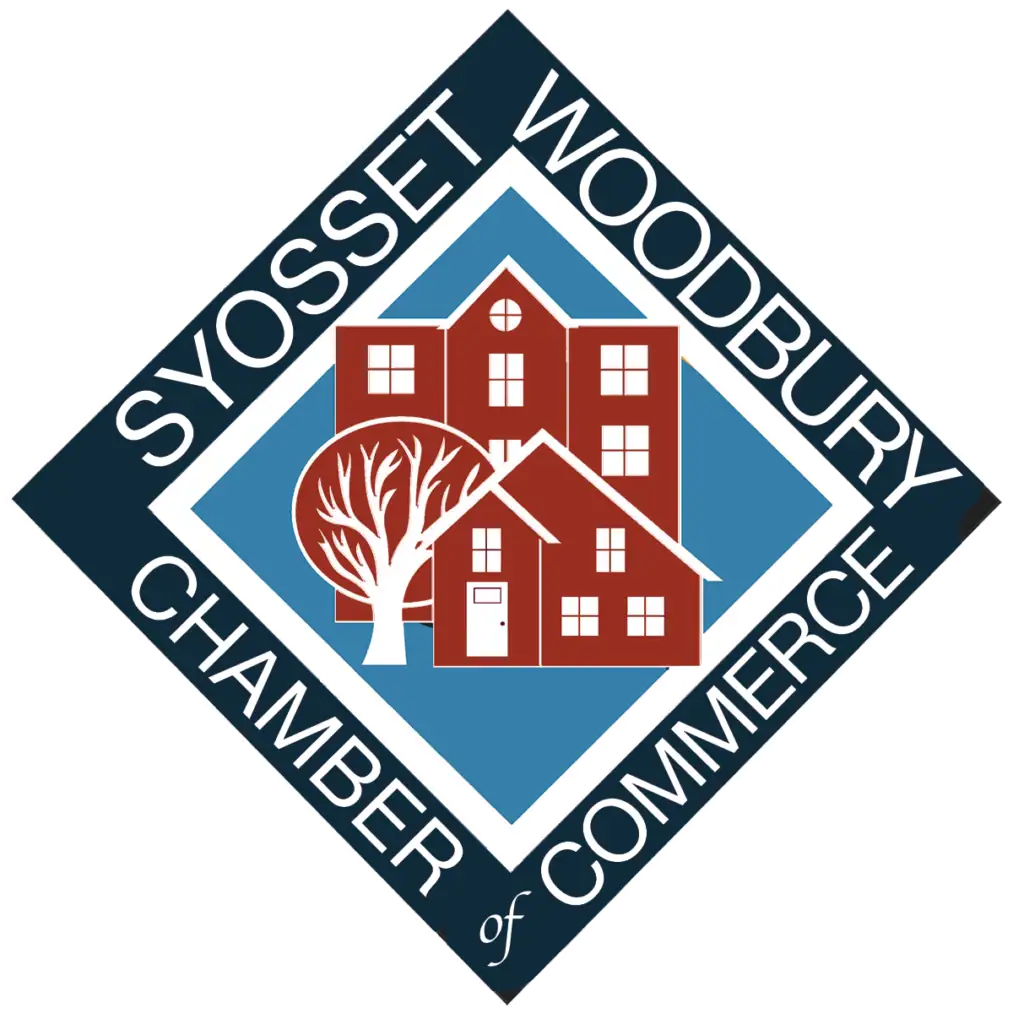 Logo of the Syosset Woodbury Chamber of Commerce, NY, featuring three red buildings and a white tree inside a blue diamond, surrounded by the organization’s name in white text on a dark blue border. Elder Law Smithtown members welcome.