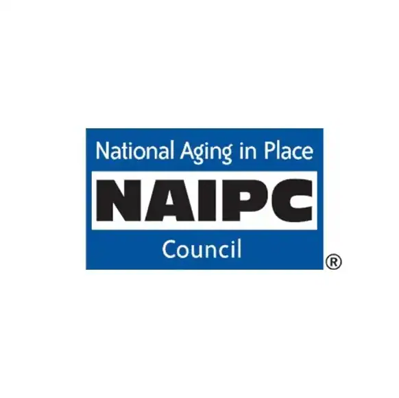 The image shows the logo of the National Aging in Place Council (NAIPC), an organization supporting seniors with resources like Elder Law in Smithtown, NY. The text is white on blue, with "NAIPC" boldly displayed at the center.