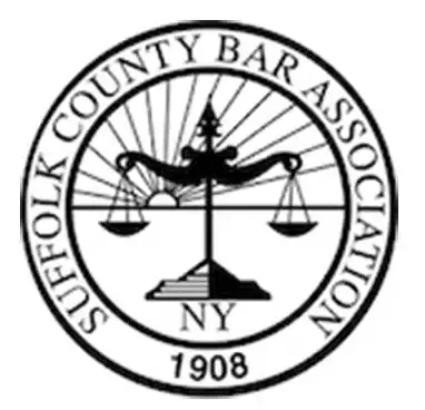 Black and white seal of the Suffolk County Bar Association, featuring balanced scales, rays, and the text "Suffolk County Bar Association NY 1908"—a trusted symbol for Elder Law in Smithtown, NY.