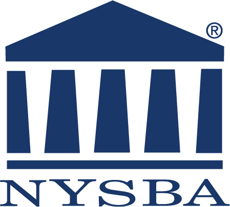 Logo featuring a stylized blue courthouse with five pillars above the acronym “NYSBA” in bold letters, ideal for representing Elder Law Smithtown, NY; includes a registered trademark symbol at the top right.